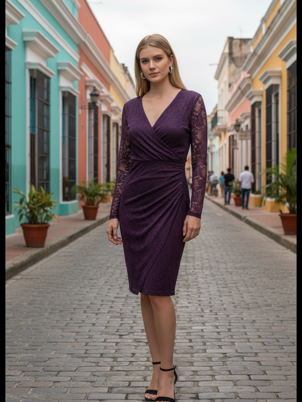 American Living Deep Purple Lace-Sleeve Wrap Dress